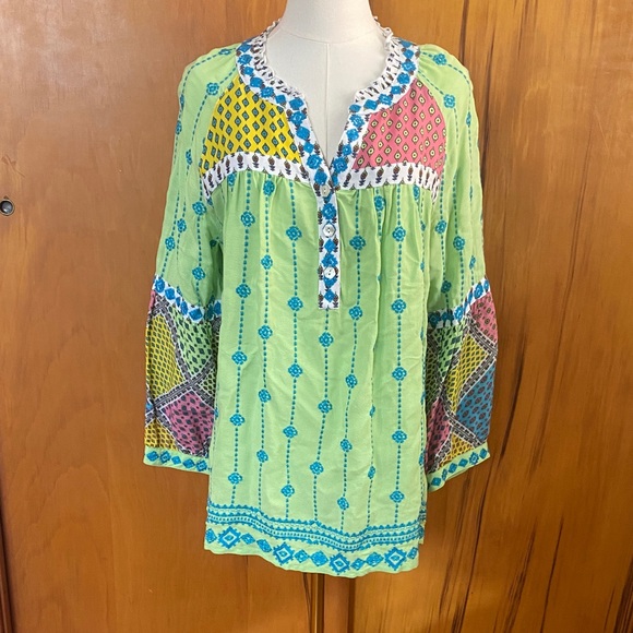 John Mark Tops - John Mark Lime Green Multi-Color Embroidered Tunic